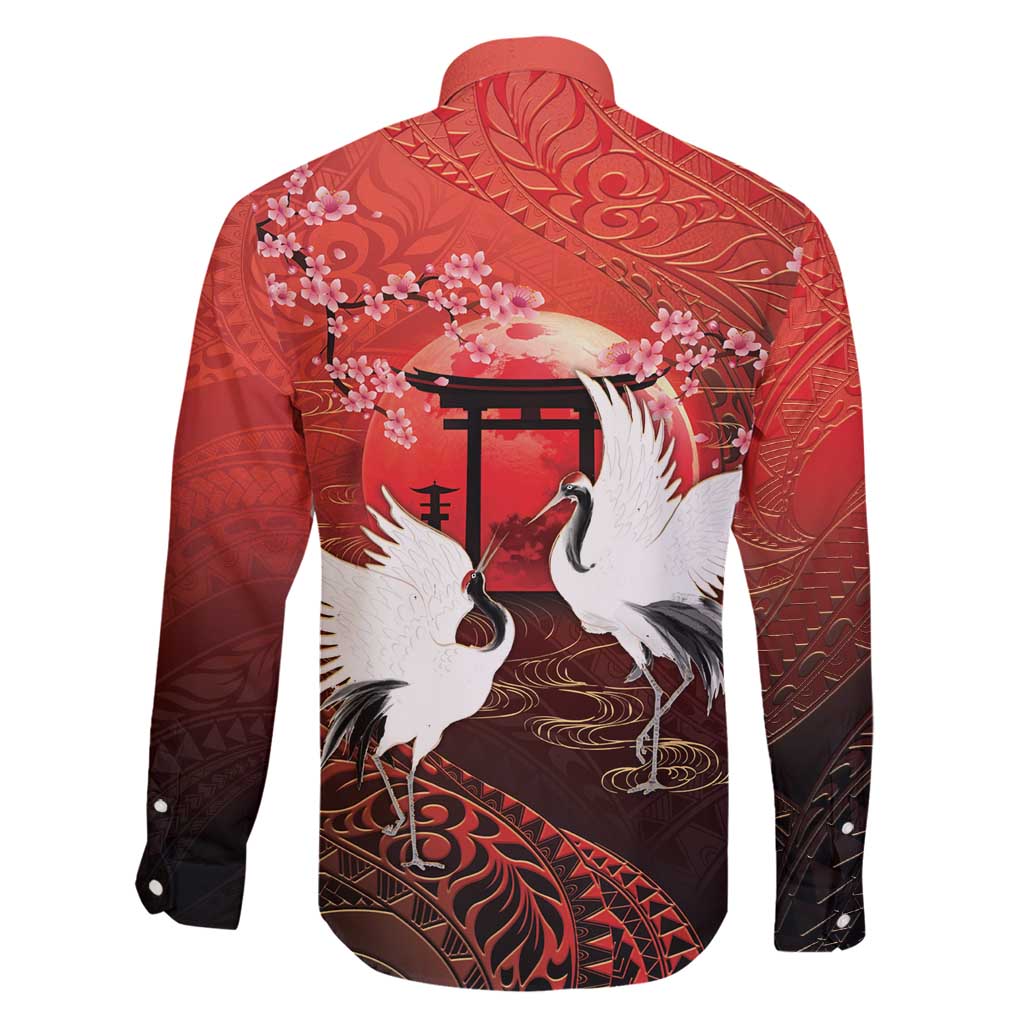 Hawaii and Japan Together Family Matching Off Shoulder Short Dress and Hawaiian Shirt Polynesian Art Tattoo With Cranes And Sakura - Polynesian Pride