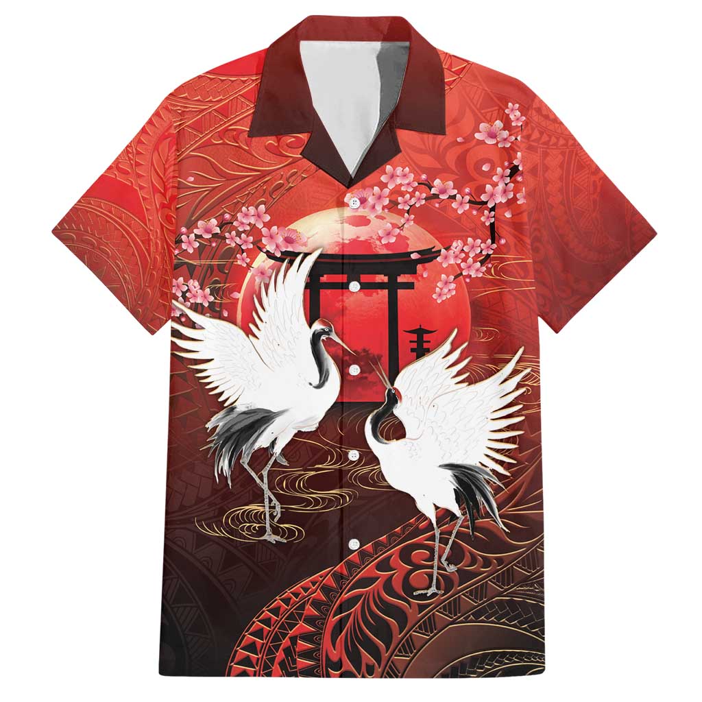 Hawaii and Japan Together Family Matching Short Sleeve Bodycon Dress and Hawaiian Shirt Polynesian Art Tattoo With Cranes And Sakura - Polynesian Pride