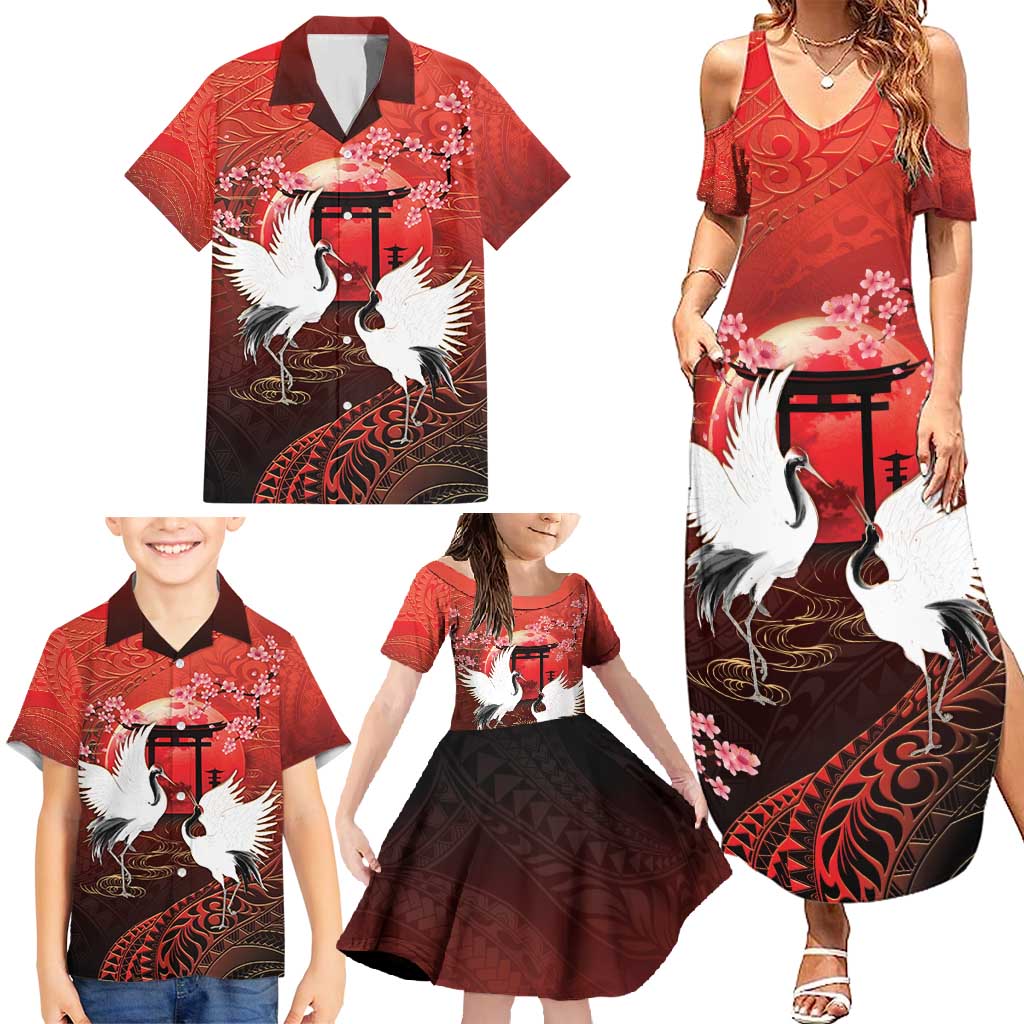 Hawaii and Japan Together Family Matching Summer Maxi Dress and Hawaiian Shirt Polynesian Art Tattoo With Cranes And Sakura - Polynesian Pride