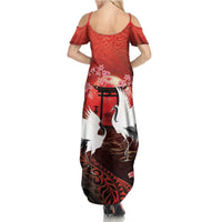 Hawaii and Japan Together Family Matching Summer Maxi Dress and Hawaiian Shirt Polynesian Art Tattoo With Cranes And Sakura - Polynesian Pride