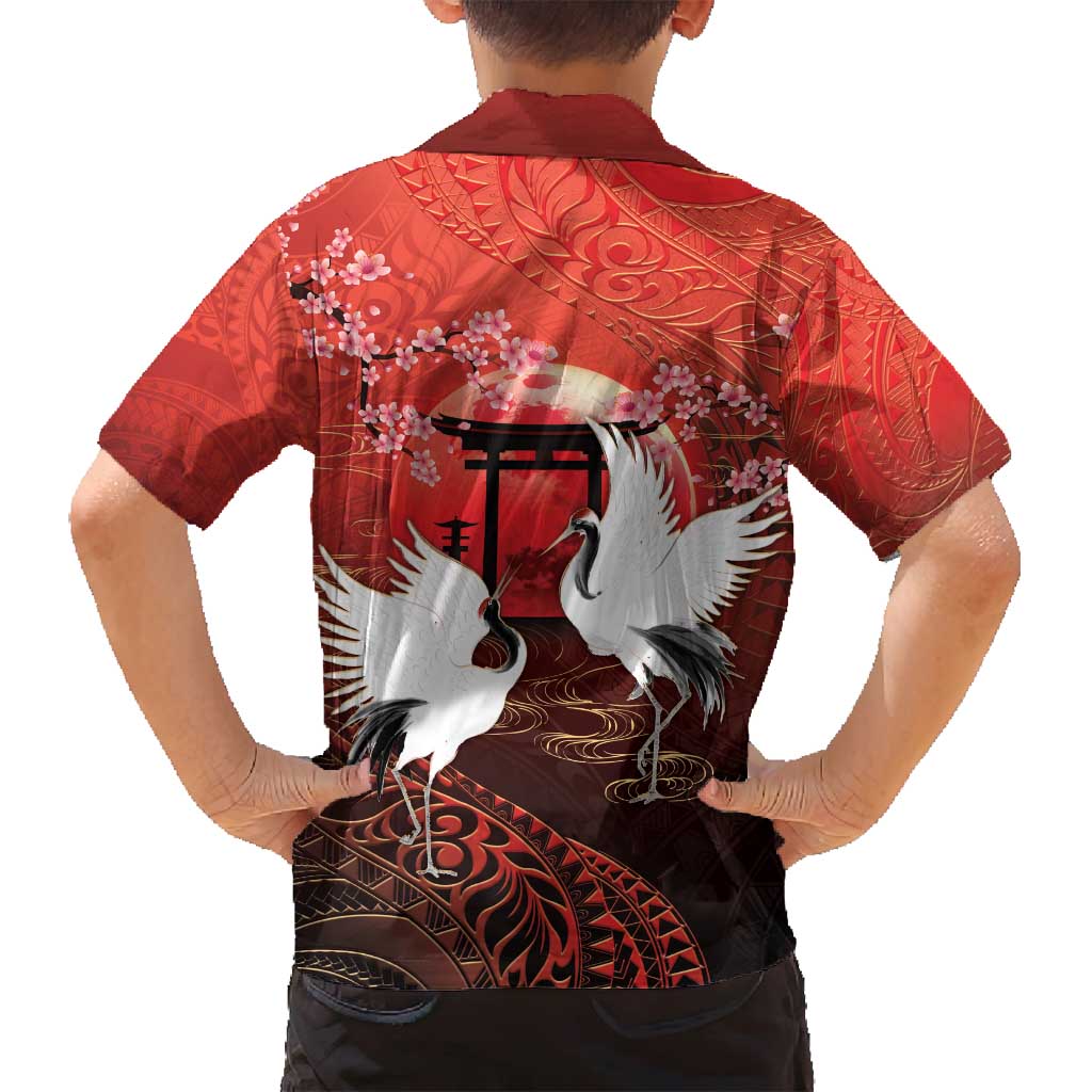 Hawaii and Japan Together Family Matching Tank Maxi Dress and Hawaiian Shirt Polynesian Art Tattoo With Cranes And Sakura - Polynesian Pride