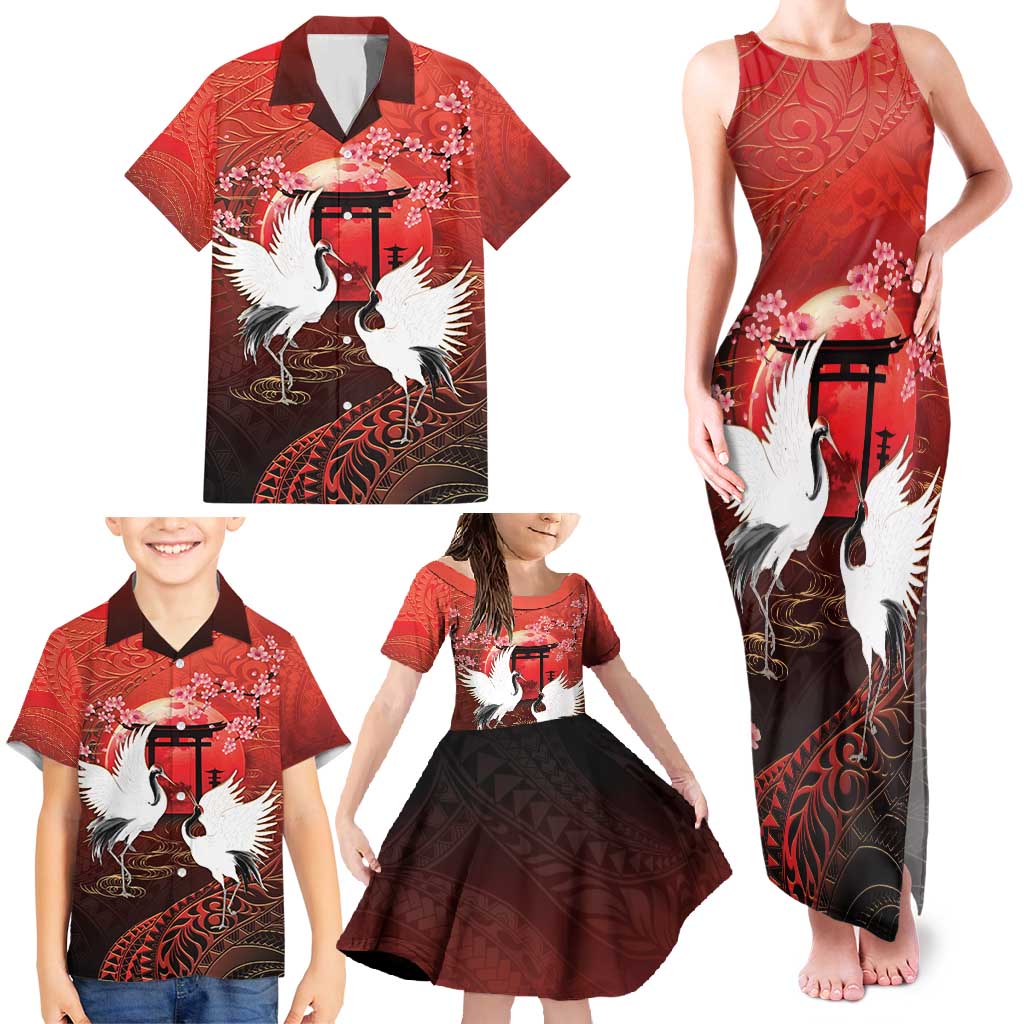 Hawaii and Japan Together Family Matching Tank Maxi Dress and Hawaiian Shirt Polynesian Art Tattoo With Cranes And Sakura - Polynesian Pride