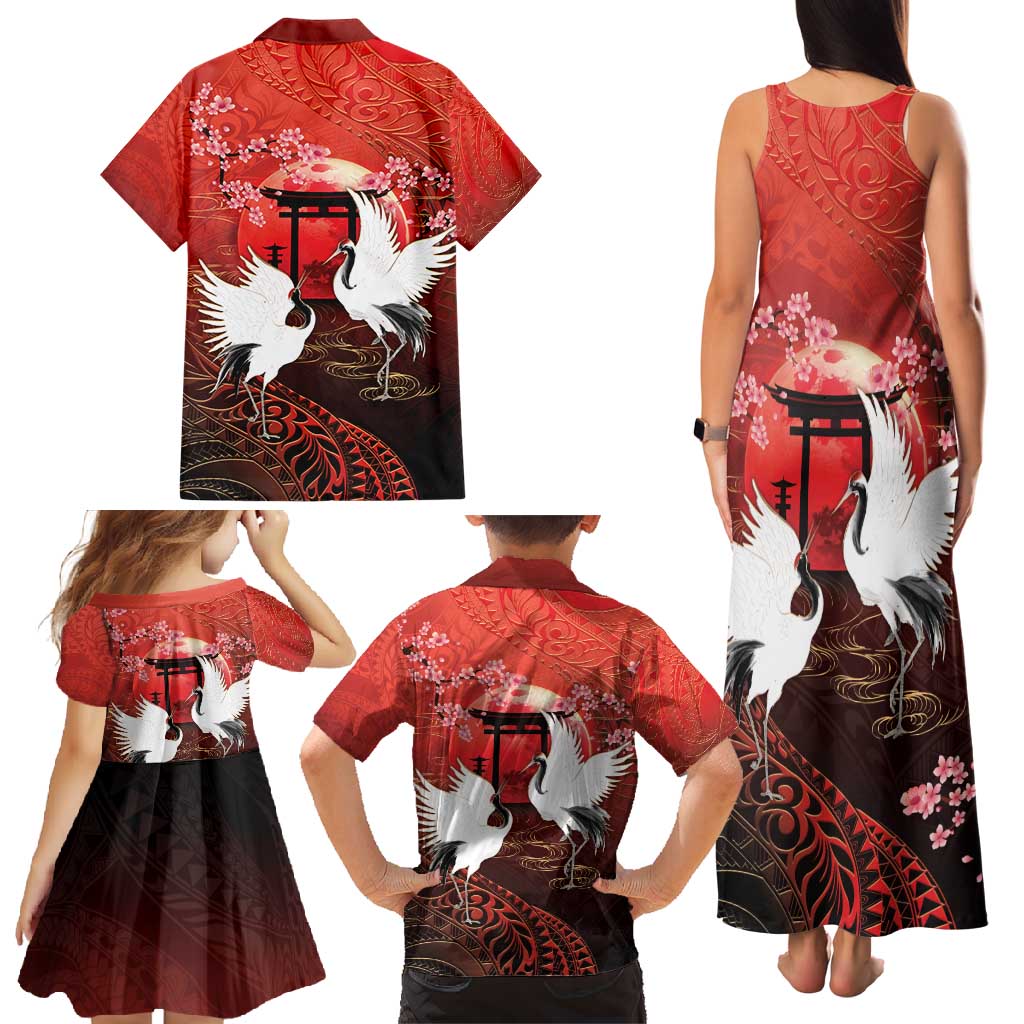 Hawaii and Japan Together Family Matching Tank Maxi Dress and Hawaiian Shirt Polynesian Art Tattoo With Cranes And Sakura - Polynesian Pride