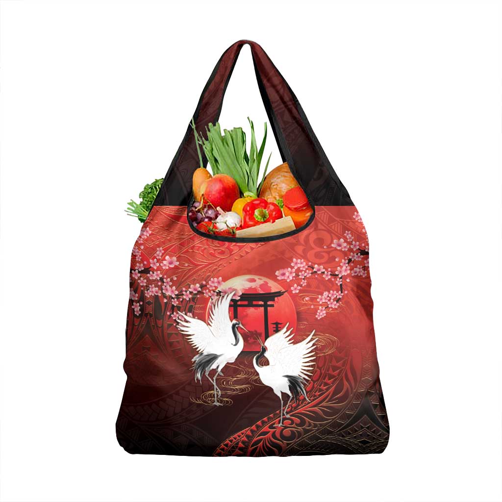 Hawaii and Japan Together Grocery Bag Polynesian Art Tattoo With Cranes And Sakura - Polynesian Pride