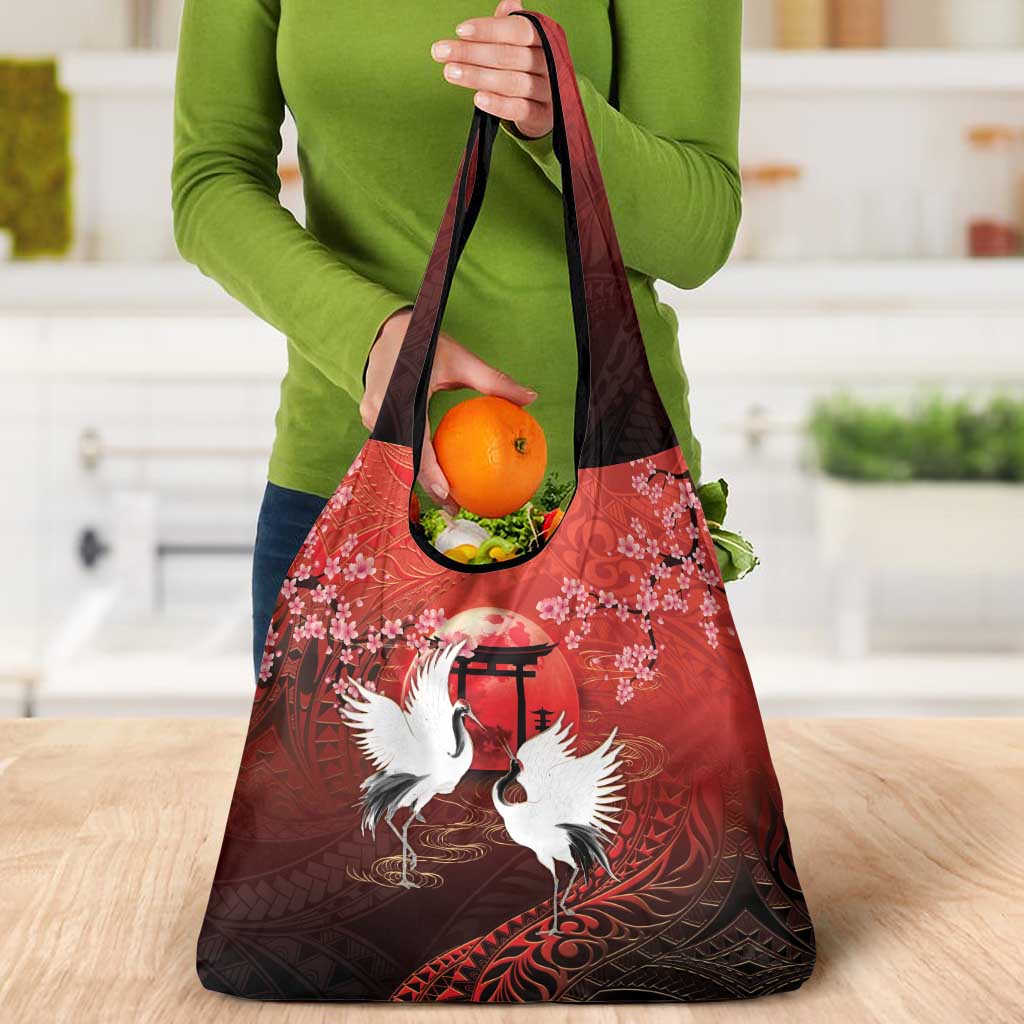 Hawaii and Japan Together Grocery Bag Polynesian Art Tattoo With Cranes And Sakura - Polynesian Pride