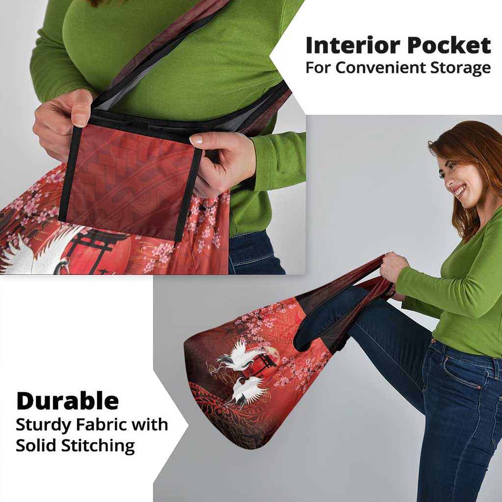 Hawaii and Japan Together Grocery Bag Polynesian Art Tattoo With Cranes And Sakura - Polynesian Pride