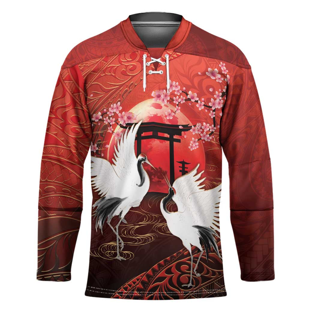 Hawaii and Japan Together Hockey Jersey Polynesian Art Tattoo With Cranes And Sakura - Polynesian Pride