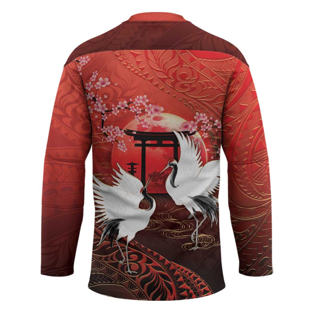 Hawaii and Japan Together Hockey Jersey Polynesian Art Tattoo With Cranes And Sakura - Polynesian Pride