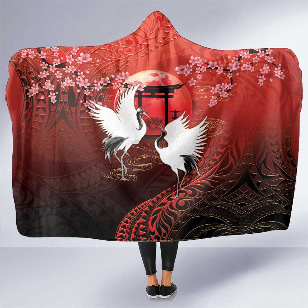 Hawaii and Japan Together Hooded Blanket Polynesian Art Tattoo With Cranes And Sakura - Polynesian Pride