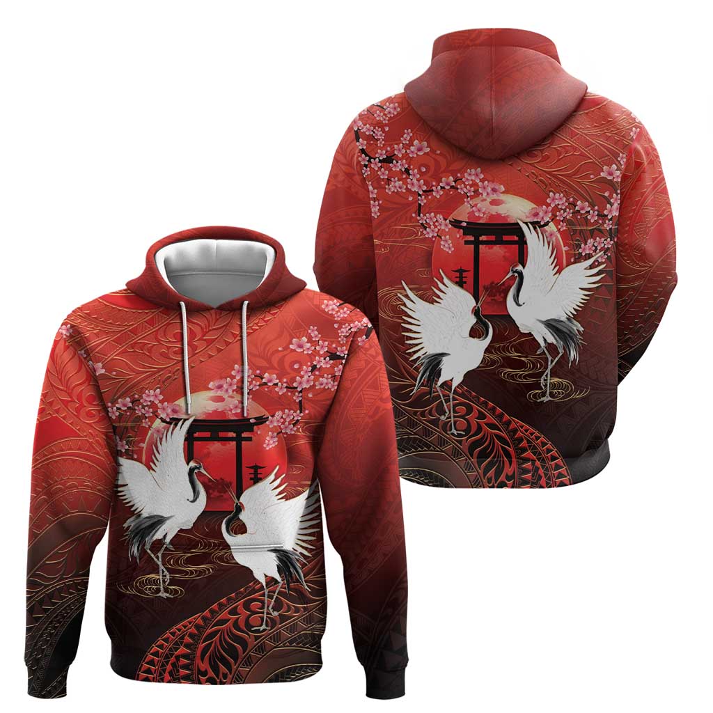 Hawaii and Japan Together Hoodie Polynesian Art Tattoo With Cranes And Sakura - Polynesian Pride