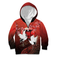 Hawaii and Japan Together Kid Hoodie Polynesian Art Tattoo With Cranes And Sakura - Polynesian Pride