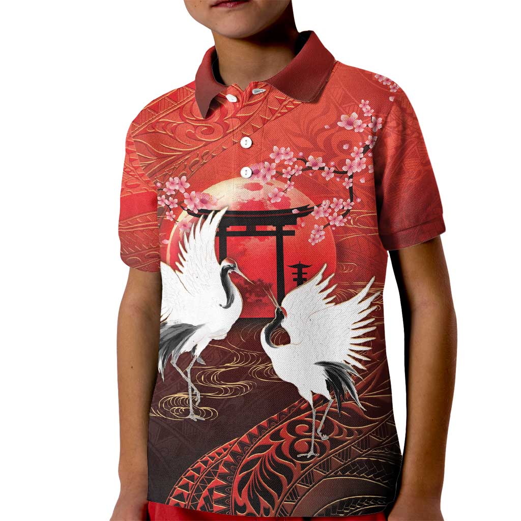 Hawaii and Japan Together Kid Polo Shirt Polynesian Art Tattoo With Cranes And Sakura - Polynesian Pride