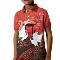 Hawaii and Japan Together Kid Polo Shirt Polynesian Art Tattoo With Cranes And Sakura - Polynesian Pride