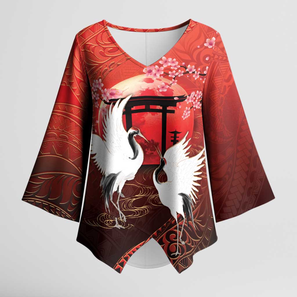 Hawaii and Japan Together Kimono Sleeve Blouse Polynesian Art Tattoo With Cranes And Sakura - Polynesian Pride