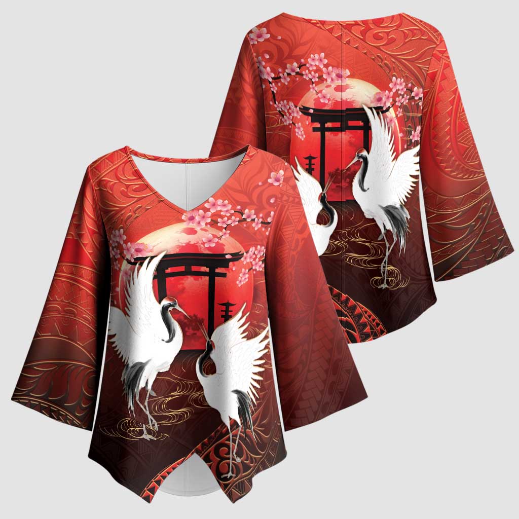 Hawaii and Japan Together Kimono Sleeve Blouse Polynesian Art Tattoo With Cranes And Sakura - Polynesian Pride
