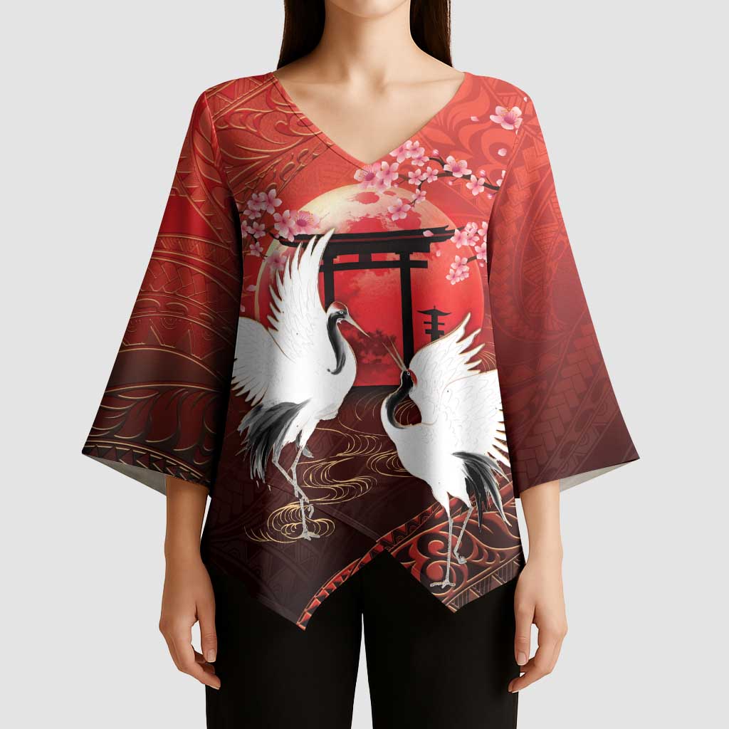 Hawaii and Japan Together Kimono Sleeve Blouse Polynesian Art Tattoo With Cranes And Sakura - Polynesian Pride