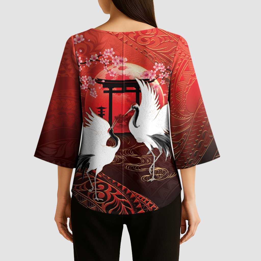 Hawaii and Japan Together Kimono Sleeve Blouse Polynesian Art Tattoo With Cranes And Sakura - Polynesian Pride