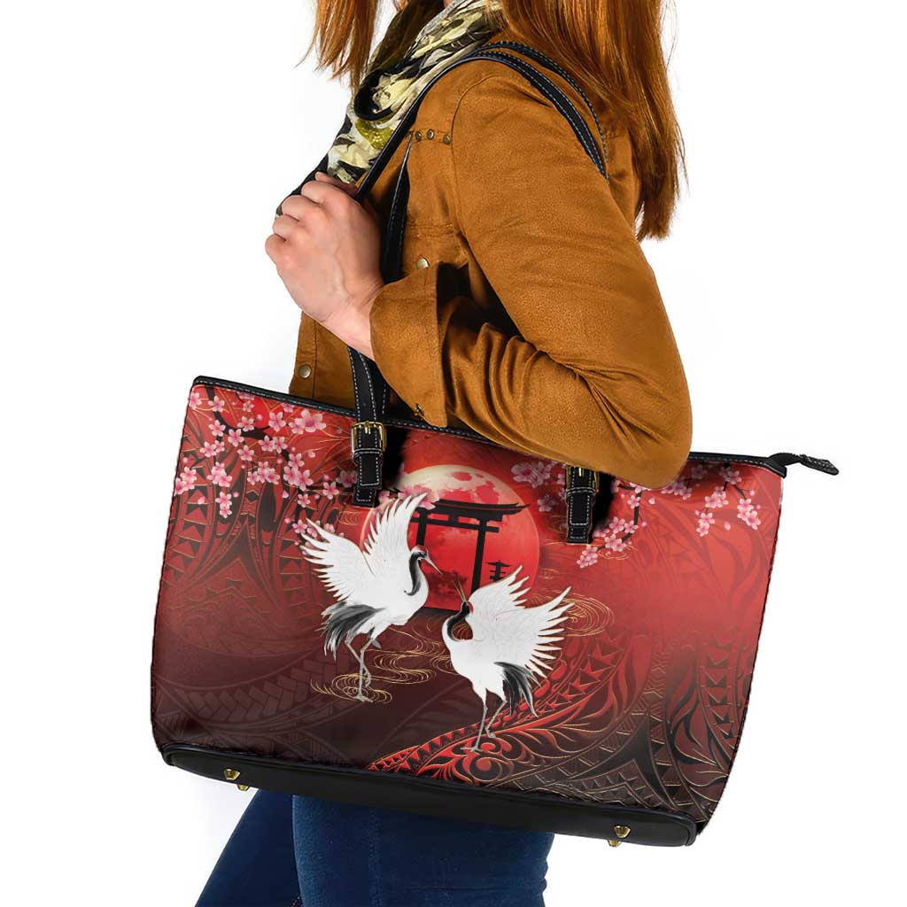 Hawaii and Japan Together Leather Tote Bag Polynesian Art Tattoo With Cranes And Sakura - Polynesian Pride