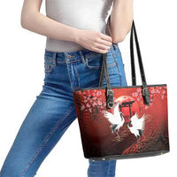 Hawaii and Japan Together Leather Tote Bag Polynesian Art Tattoo With Cranes And Sakura - Polynesian Pride