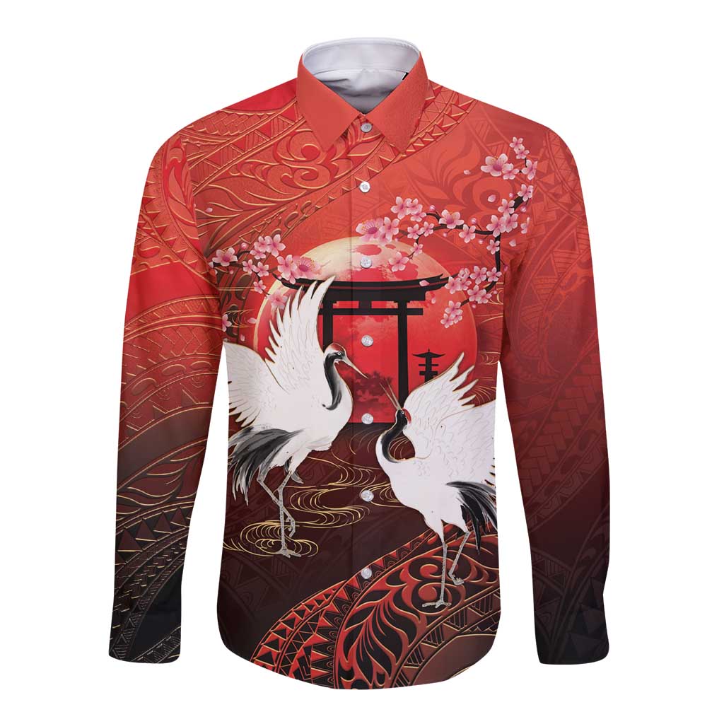 Hawaii and Japan Together Long Sleeve Button Shirt Polynesian Art Tattoo With Cranes And Sakura - Polynesian Pride