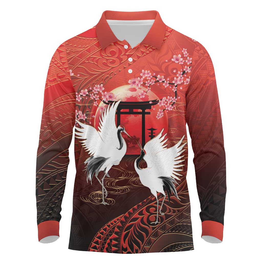 Hawaii and Japan Together Long Sleeve Polo Shirt Polynesian Art Tattoo With Cranes And Sakura - Polynesian Pride