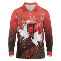 Hawaii and Japan Together Long Sleeve Polo Shirt Polynesian Art Tattoo With Cranes And Sakura - Polynesian Pride