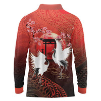 Hawaii and Japan Together Long Sleeve Polo Shirt Polynesian Art Tattoo With Cranes And Sakura - Polynesian Pride
