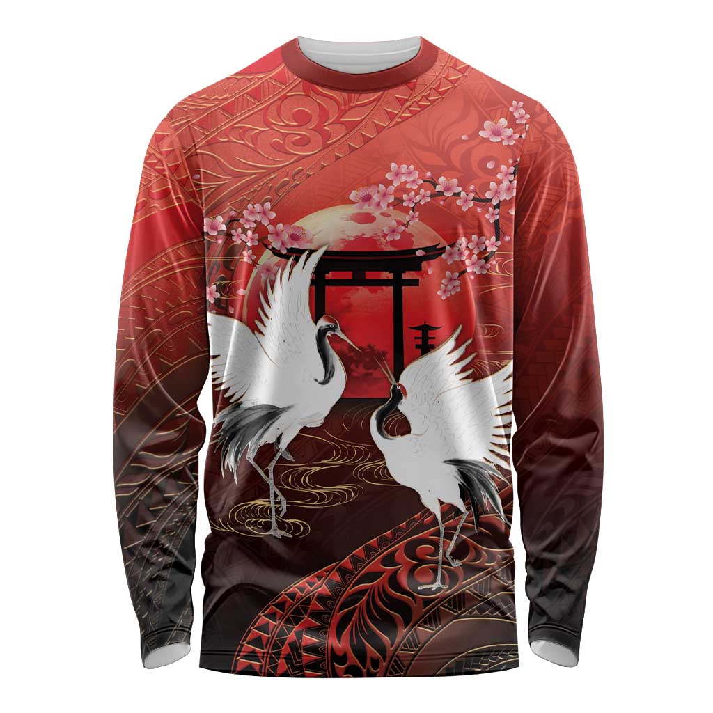 Hawaii and Japan Together Long Sleeve Shirt Polynesian Art Tattoo With Cranes And Sakura - Polynesian Pride
