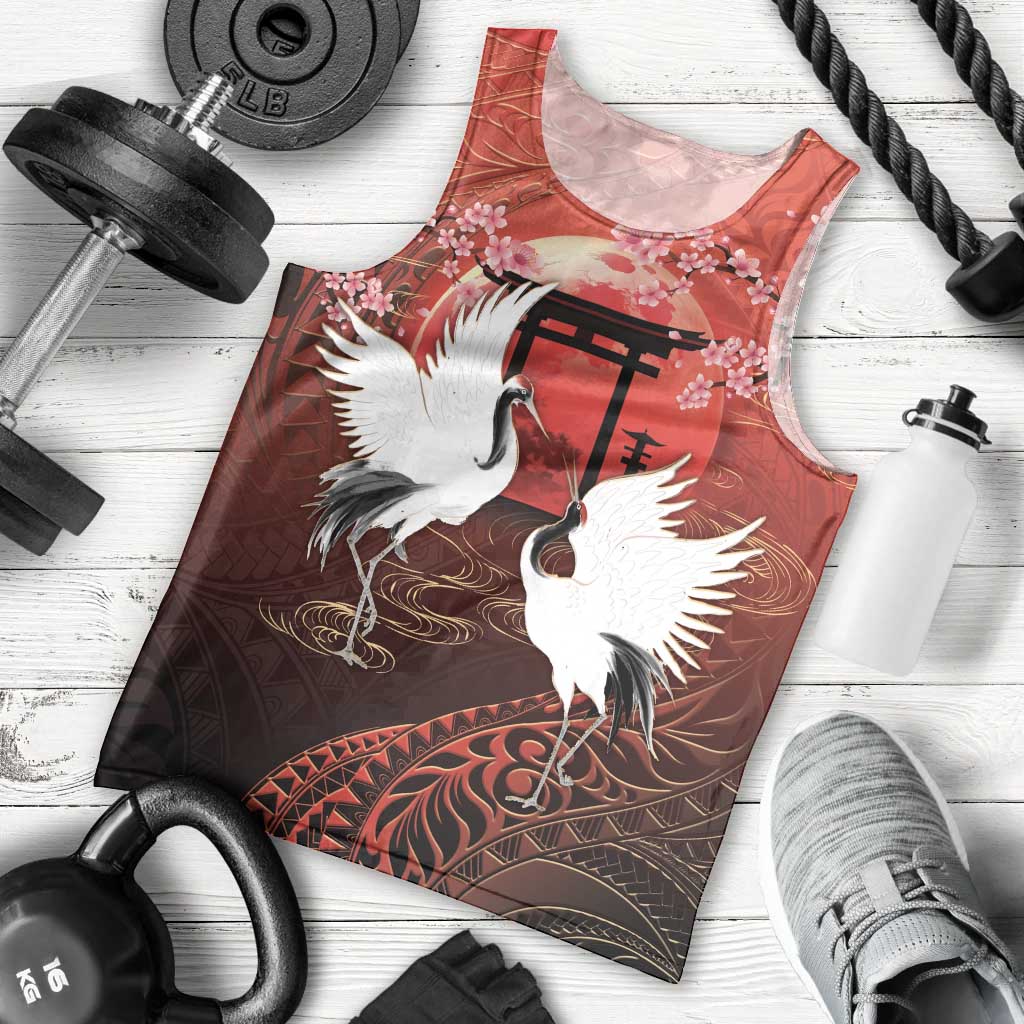 Hawaii and Japan Together Men Tank Top Polynesian Art Tattoo With Cranes And Sakura - Polynesian Pride