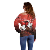 Hawaii and Japan Together Off Shoulder Sweater Polynesian Art Tattoo With Cranes And Sakura - Polynesian Pride