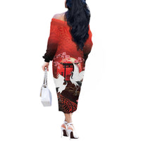 Hawaii and Japan Together Off The Shoulder Long Sleeve Dress Polynesian Art Tattoo With Cranes And Sakura - Polynesian Pride