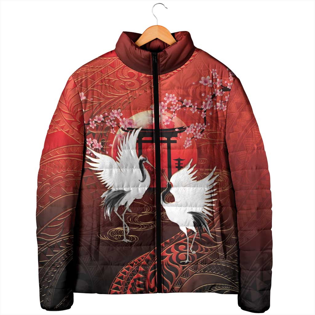 Hawaii and Japan Together Padded Jacket Polynesian Art Tattoo With Cranes And Sakura - Polynesian Pride