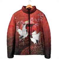 Hawaii and Japan Together Padded Jacket Polynesian Art Tattoo With Cranes And Sakura - Polynesian Pride