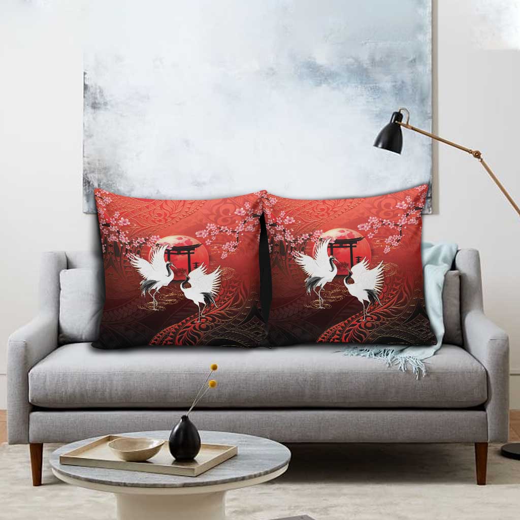 Hawaii and Japan Together Pillow Cover Polynesian Art Tattoo With Cranes And Sakura - Polynesian Pride