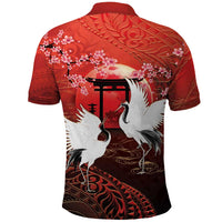 Hawaii and Japan Together Polo Shirt Polynesian Art Tattoo With Cranes And Sakura - Polynesian Pride
