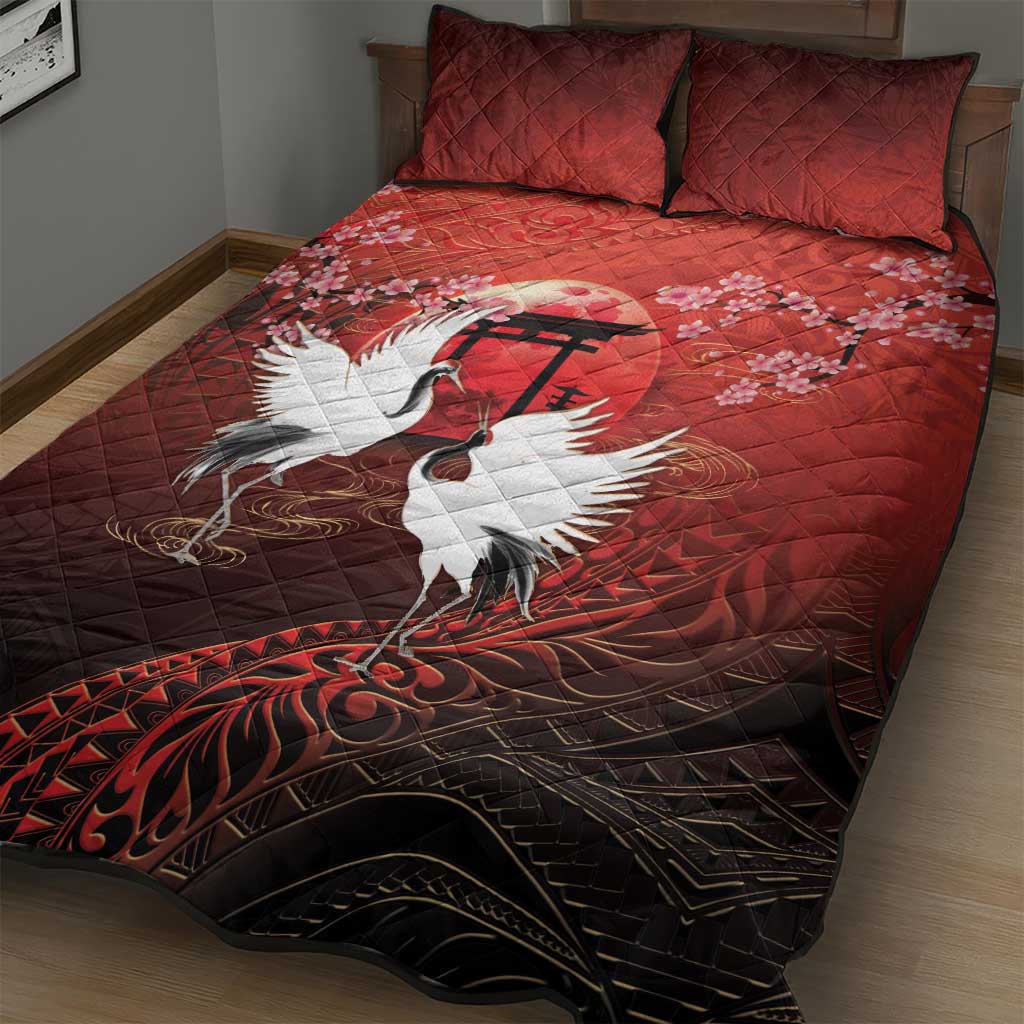 Hawaii and Japan Together Quilt Bed Set Polynesian Art Tattoo With Cranes And Sakura - Polynesian Pride