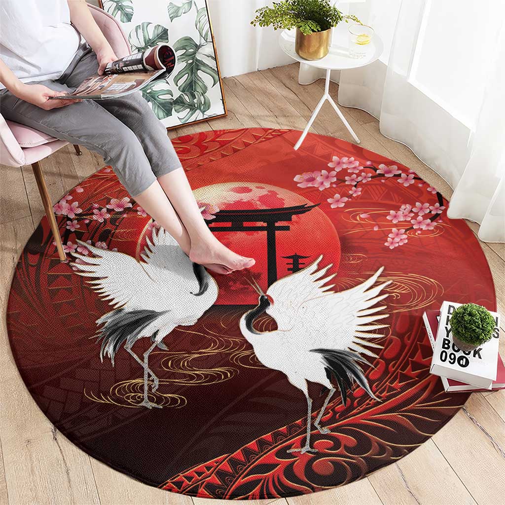 Hawaii and Japan Together Round Carpet Polynesian Art Tattoo With Cranes And Sakura - Polynesian Pride