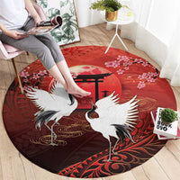 Hawaii and Japan Together Round Carpet Polynesian Art Tattoo With Cranes And Sakura - Polynesian Pride