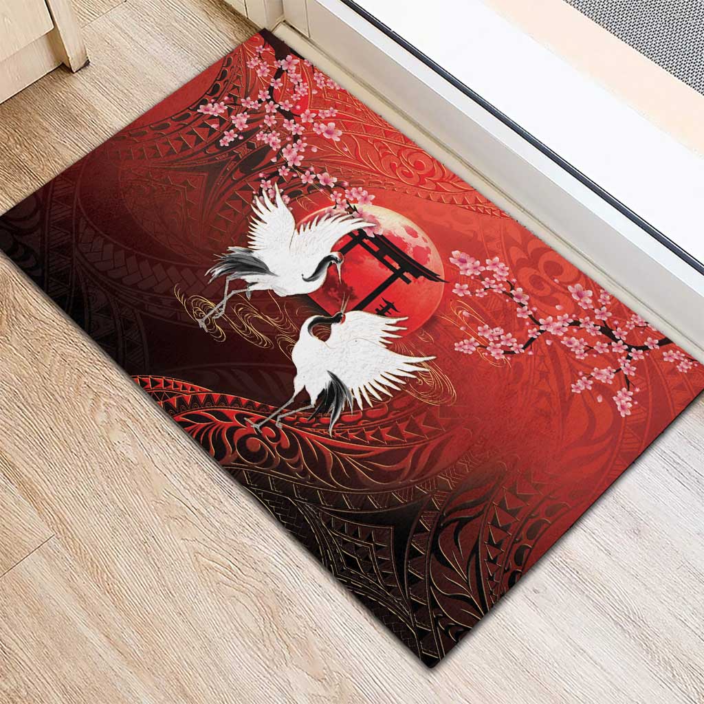 Hawaii and Japan Together Rubber Doormat Polynesian Art Tattoo With Cranes And Sakura - Polynesian Pride