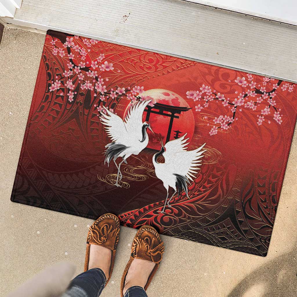 Hawaii and Japan Together Rubber Doormat Polynesian Art Tattoo With Cranes And Sakura - Polynesian Pride