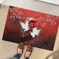Hawaii and Japan Together Rubber Doormat Polynesian Art Tattoo With Cranes And Sakura - Polynesian Pride
