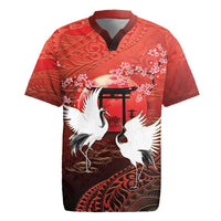 Hawaii and Japan Together Rugby Jersey Polynesian Art Tattoo With Cranes And Sakura - Polynesian Pride