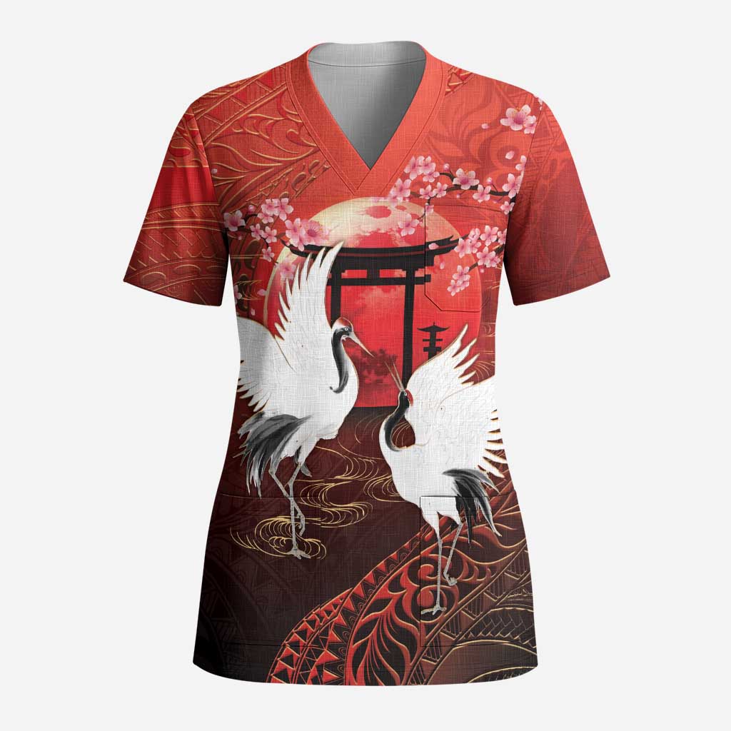 Hawaii and Japan Together Scrub Top Polynesian Art Tattoo With Cranes And Sakura - Polynesian Pride