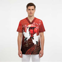 Hawaii and Japan Together Scrub Top Polynesian Art Tattoo With Cranes And Sakura - Polynesian Pride