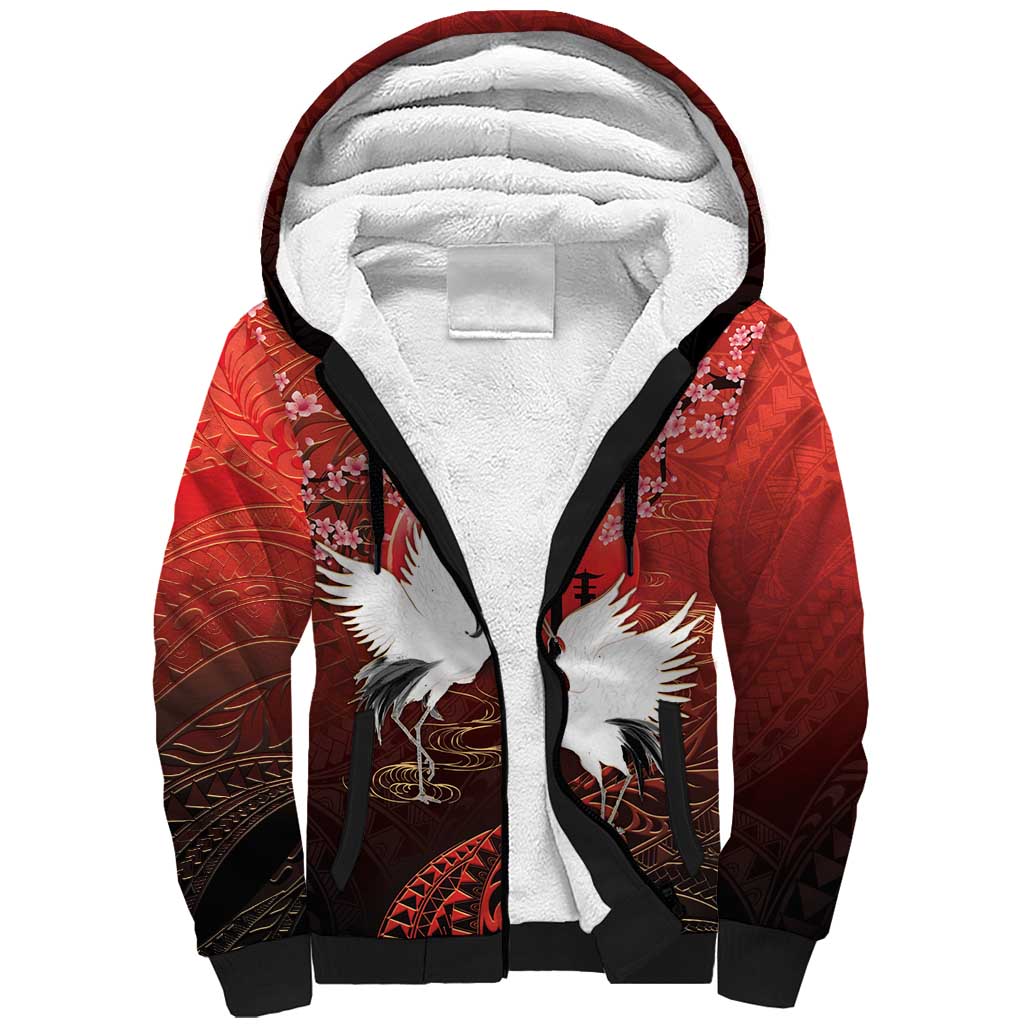 Hawaii and Japan Together Sherpa Hoodie Polynesian Art Tattoo With Cranes And Sakura - Polynesian Pride
