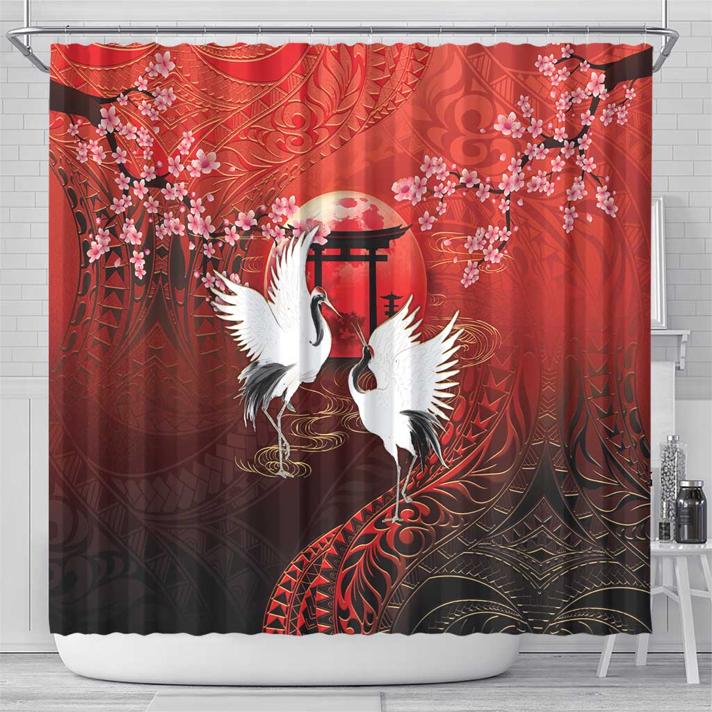 Hawaii and Japan Together Shower Curtain Polynesian Art Tattoo With Cranes And Sakura - Polynesian Pride