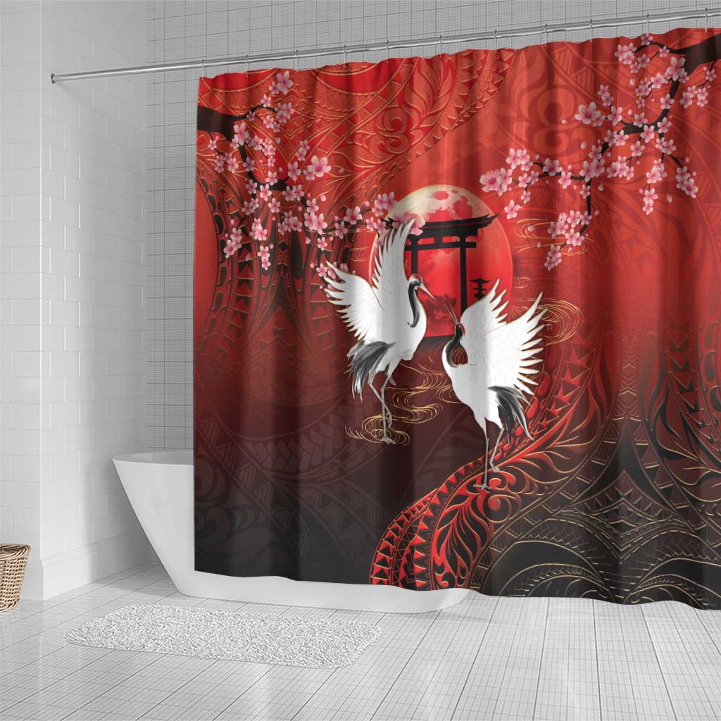 Hawaii and Japan Together Shower Curtain Polynesian Art Tattoo With Cranes And Sakura - Polynesian Pride