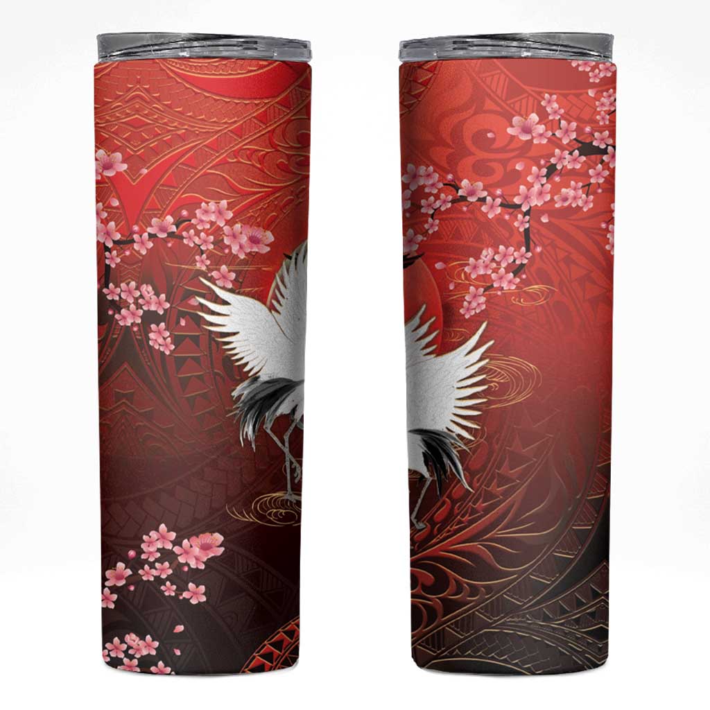Hawaii and Japan Together Skinny Tumbler Polynesian Art Tattoo With Cranes And Sakura - Polynesian Pride
