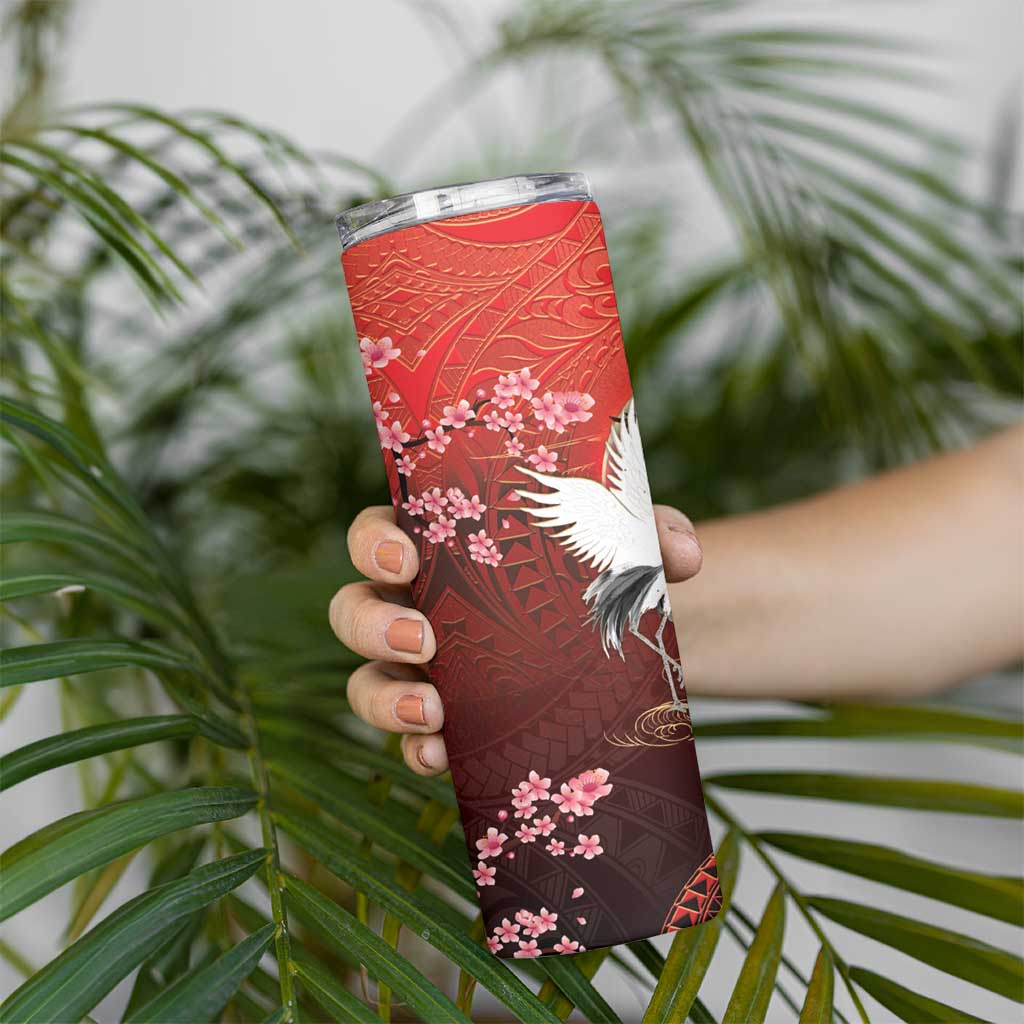 Hawaii and Japan Together Skinny Tumbler Polynesian Art Tattoo With Cranes And Sakura - Polynesian Pride