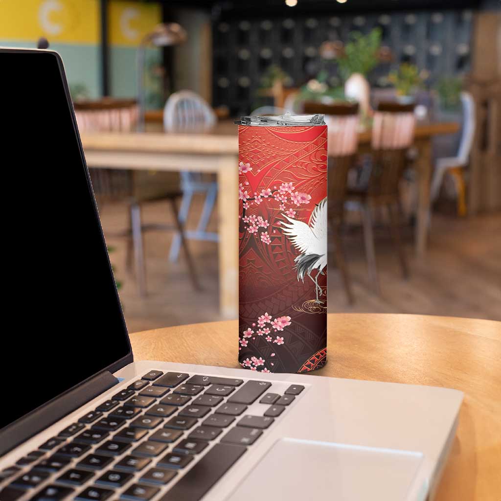 Hawaii and Japan Together Skinny Tumbler Polynesian Art Tattoo With Cranes And Sakura - Polynesian Pride